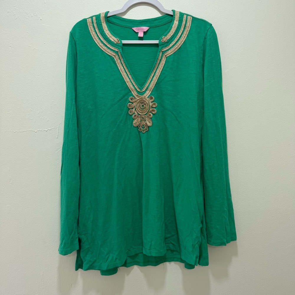 Lilly Pulitzer Emerson Tunic Emerald Green Metallic Gold Trim Sz XL Coastal